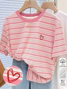 Camiseta de cuello redondo regular para mujer con estampado digital a rayas y bordado de lazo, regalo para amigos - Multicolor 5 - Ver 1