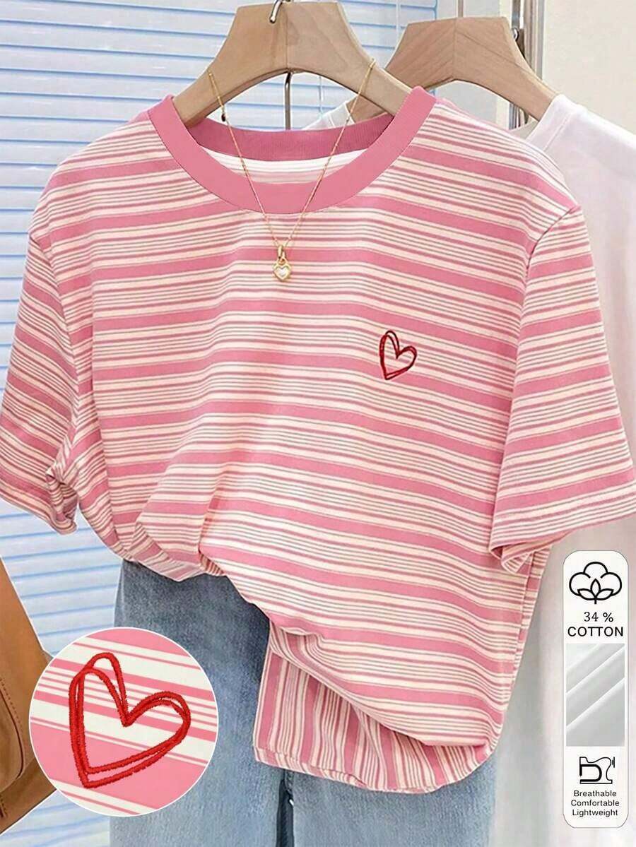 Camiseta de cuello redondo regular para mujer con estampado digital a rayas y bordado de lazo, regalo para amigos - Multicolor 5 - Ver 1