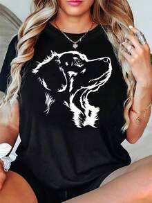 Camiseta gráfica con diseño de perro para amantes de las mascotas, camiseta casual de manga corta para mujer, para primavera y verano, perfecta para el uso diario y como regalo de vacaciones - Negro - Ver 1