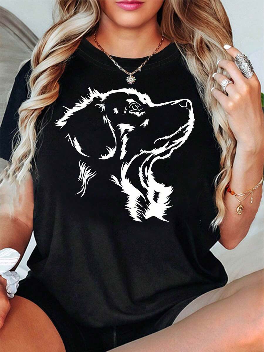 Camiseta gráfica con diseño de perro para amantes de las mascotas, camiseta casual de manga corta para mujer, para primavera y verano, perfecta para el uso diario y como regalo de vacaciones - Negro - Ver 1