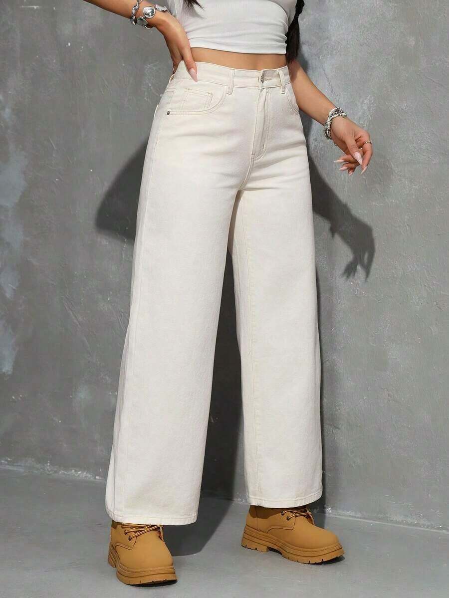 Jeans rectos y sueltos con bolsillos - Albaricoque 2 - Ver 1