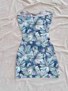 Vestido corto estampado floral sin tirantes, estilo de vacaciones para mujer - Azul - Ver 2