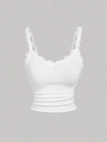 Camiseta de mujer con parche de encaje y decoración de lazo - Blanco - Ver 5