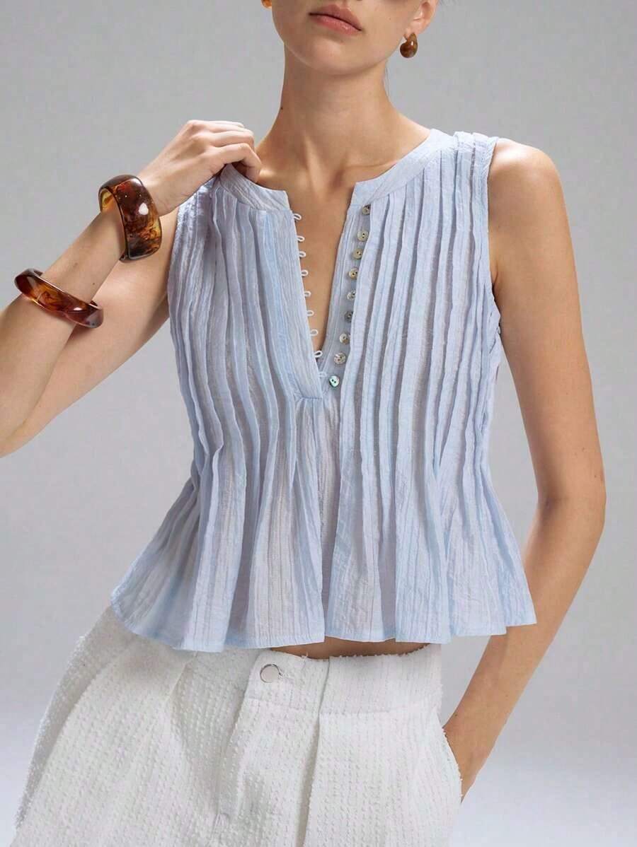 Primavera/Verano Nueva Blusa de Lino sin Mangas con Cintura Plisada para Mujer, Minimalista Casual, Estilo Vacacional, Marrón - Azul - Ver 1