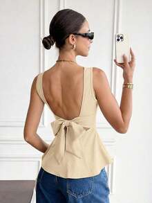 Camisa sin mangas y sin espalda elegante y casual de 100% algodón, conjunto de verano para damas - Albaricoque - Ver 3