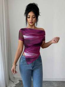 Camiseta de mujer de manga corta con hombro asimétrico y estampado de teñido anudado de moda - Rosa Fucsia - Ver 3