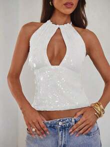 Nuevo camisol de tirantes finos con espalda descubierta y lentejuelas rosas para mujer, elegante y sexy, ideal para el Día de San Valentín, fiestas y viajes - Blanco - Ver 4