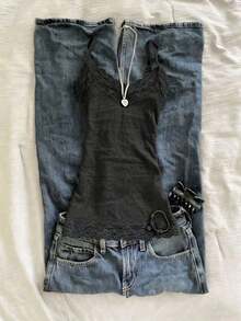 Camiseta de tirantes elegante y estilizada con estampado de lunares y encaje en contraste, estilo vacacional para mujer - Gris Oscuro - Ver 5