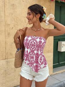 Top tubo/cropped con estampado de plantas para vacaciones de mujer - Rosa Fucsia - Ver 5
