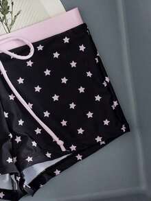 Conjunto de bikini de 2 piezas para mujer - Estampado de estrella con ribete sólido, parte superior tipo triángulo con escote halter (adornada con acentos de cuentas), Bottom tipo short de tiro alto, elegante ropa de playa de verano, traje de baño de tira - Negro - Ver 4