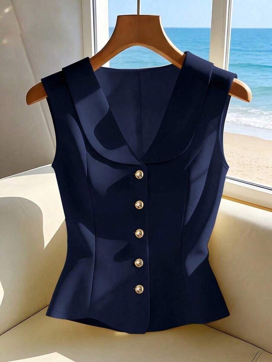 Blusa sin mangas elegante amarilla, top de verano elegante y estilizador para mujeres - Azul marino - Ver 1