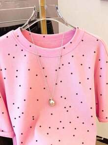 Camiseta de mujer de manga corta y cuello redondo, de estampado digital de lunares, de estilo minimalista y fashionable, 56% algodón, regalo para amigos - Rosa - Ver 3