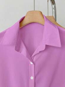 Camisa casual de mujer de un solo pecho de manga larga con hombros caídos y unicolor - Morado - Ver 3