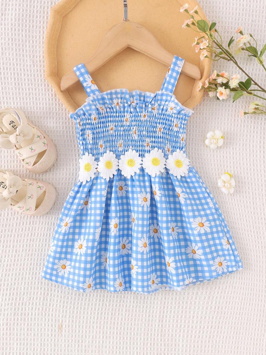 1 chiếc đầm hè kẻ caro hoa hướng dương màu xanh dương cho bé gái, trang phục nhẹ nhàng đi biển cho kỳ nghỉ hè. - Màu xanh nhạt - Xem 1