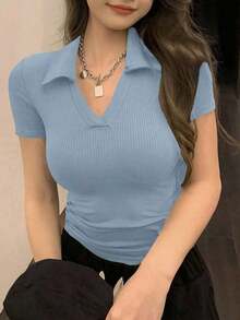 Camiseta polo de manga corta de ajuste ceñido para mujer, unicolor de verano - Celeste - Ver 8
