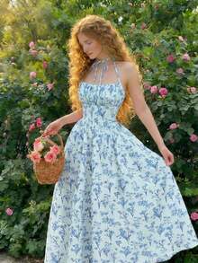 Vestido de verano con estampado floral elegante y lazo en la cintura para mujer - verde menta - Ver 3