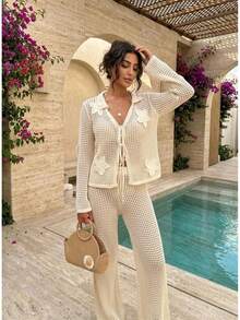 Women 3D Floral Decor Front Tie Hollow Out Knit Cardigan - Cream - View 1