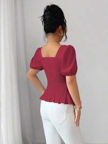 Nueva blusa elegante de mujer con manga de farol de lazo francés y tela jacquard versátil y de moda - Burdeos - Ver 2