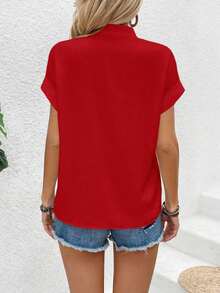 Blusa casual de verano de unicolor con botones delanteros y mangas cortas para uso diario - Rojo - Ver 2