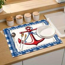 1 pieza Estera de secado de platos, Estera para máquina de café, Cuadros azules y blancos con ancla roja y cuerda en estilo náutico, Estera de drenaje adecuada para mesa de comedor y cafetería, Buena absorción de agua, Estera de drenaje multiusos, Regalo para el hogar, Decoración de escritorio - XYLSD-327 - Ver 9