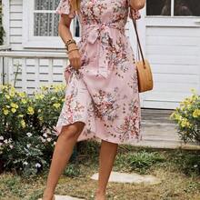 Women's Floral Print Ruffle Sleeve Waist Dress - Azul - Ver 6