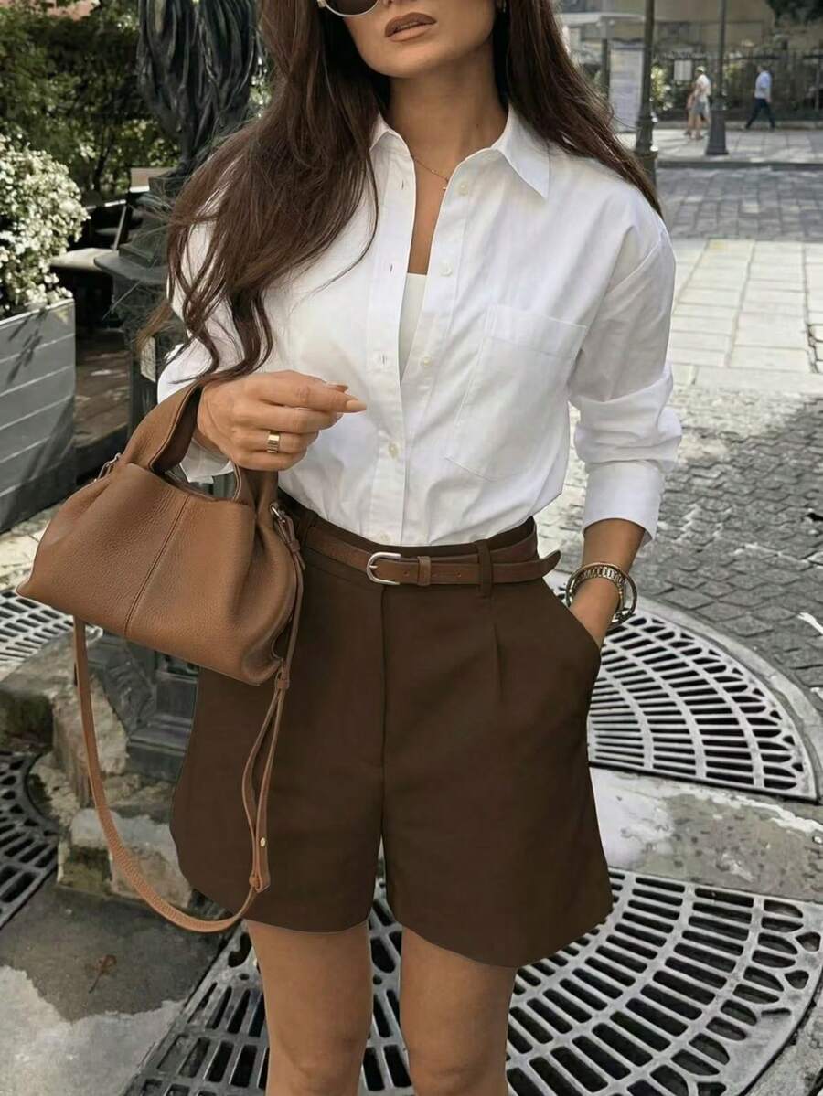Camisa de manga larga para mujer, estilo abotonado con bolsillos, diseño clásico blanco - Blanco - Ver 1