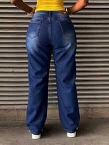 Pantalones rectos de mezclilla azul marino lavados con cintura asimétrica, cintura media, holgados y con caída elegante - Azul - Ver 5
