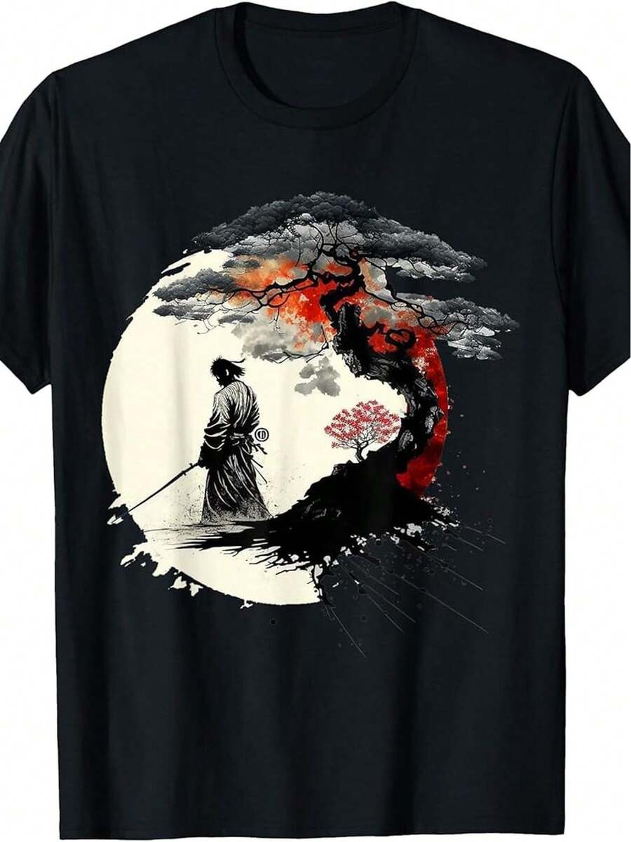 Camiseta Vintage de Artes Marciales Japonesas para Hombre y Mujer - Algodón Suave y Transpirable con Diseño de Aikido y Árbol de la Vida, Estampado de Guerrero Samurai y Bonsái - Camiseta Retro Negra/Blanca para Uso Casual, Comodidad en Todas las Temporadas, Lavable a Máquina - Regalo Ideal para Fanáticos de las Artes Marciales - Negro - Ver 1