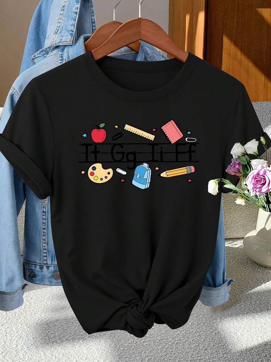 Elegante camiseta impresa de regalo para mujer con el diseño 'PROGRESO DE LA PERFECCIÓN', con cuello redondo, adecuada para la primavera, el verano y el otoño. Un top elegante y casual perfecto para los desplazamientos, las vacaciones y el uso diario con un toque vintage