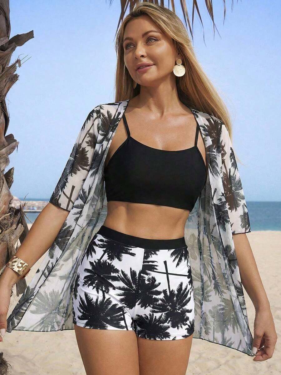 Swim Lushoire Conjunto de 3 piezas de traje de baño de mujer para vacaciones de verano en la playa, con estampado tropical de bikini y kimono como cubierta - Blanco y Negro - Ver 1