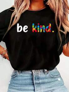Tops de mujer: Camiseta con estampado de piezas de rompecabezas coloridas "Be Kind" para la conciencia sobre el autismo, camiseta casual de manga corta con cuello redondo, cómoda para primavera y verano, ropa de mujer, tops de verano. - Negro - Ver 1