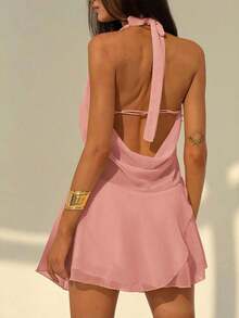 Nuevo vestido mini de verano con escote halter, espalda descubierta, cuello de pico profundo en V, asimétrico y volantes en el bajo, en color liso - Rosa vieja - Ver 2