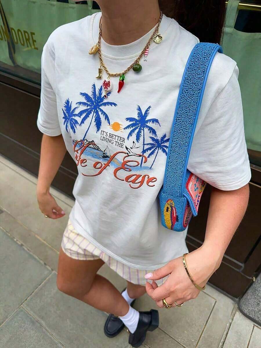 Camiseta conmemorativa Promoción de nuevo lanzamiento Camisetas divertidas Minimalistas Compra con plazo limitado Camisetas con estampado de letras para mujer Camiseta con estampado de palmera tropical "Life of Ease" Camiseta de gran tamaño, estilo retro Y2K, manga corta, cuello redondo, informal, top relajante para vacaciones de verano en la playa, ropa transpirable y cómoda para uso diario en viajes a la playa, escapadas de verano, brunch, día en la piscina, regalo para los amantes del estilo playero y de viajes. ZNXT - Blanco - Ver 1