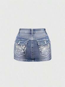 J-Fashion Minifalda de mezclilla con bordado de mariposa, cintura baja, ajustable y de color contrastante, estilo vintage Y2K para mujeres - Lavado ligero - Ver 1