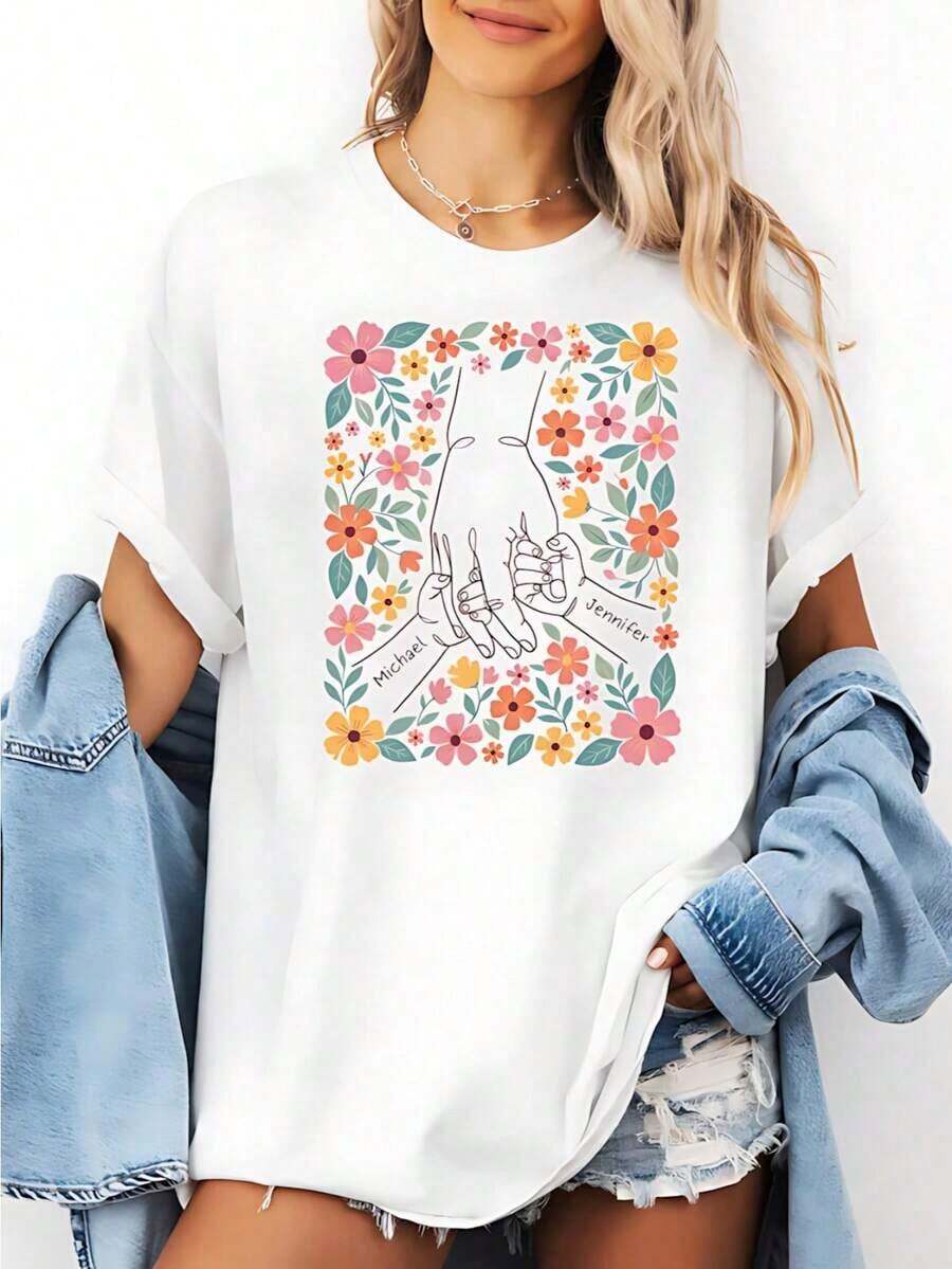 1 Personalized T-Shirt For Mom With Floral Design, 100% Cotton, Personalized T-Shirt For Mom With Children's Names, T-Shirt For Mom With Children's Names, T-Shirt For Mother's Day, Mother's Day Gift - Sizes S-2XL, Breathable And Comfortable. - 白色 2 - 查看 1