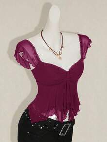 Top sin mangas con volantes, escote con pliegues, ajuste ceñido, parches de malla sexy, espalda con lazo, top casual de vacaciones - Morado - Ver 3
