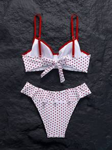 2026 Summer Swimwear Beach Wear Bikini, Puff Skirt Design, Bowknot Double-Layer Ruffle Hem, Suitable For Beach & Pool, Red & White Polka Dot Print Holiday Style Bowknot Double-Layer Ruffle Hem Sweet Summer Wireless Cute 2-Piece Set - Red and White - View 3