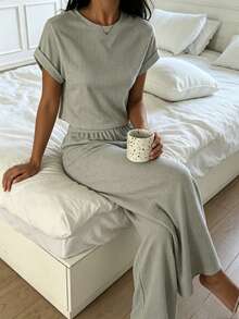 Conjunto de mujer de punto gris para el hogar, top y pantalones casuales simples y de moda para el día a día - Gris - Ver 3