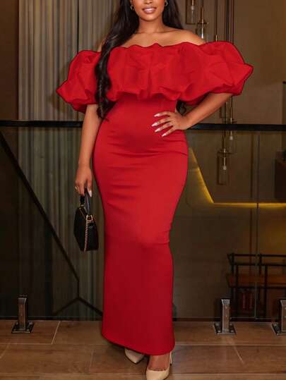 AOMEI Elegant Red Off-Shoulder Dress With Oversized Ruffle Hem And Fitted Pencil Skirt, Distinctive Evening Gown For Formal Dinners, Cocktail Parties, Weddings, Fashion Series