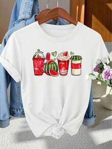 Women's Clothing 1 Piece Casual Fashion For Men And Women Elegant Women Limited Edition Gift With Outstanding Features Summer Watermelon Drink Pattern, Round Neck Short Sleeve T-Shirt Suitable For Spring Summer, And Autumn, Perfect For Elegant Photos Daily Commuting Holidays, And Everyday Wear Vintage Flair Is Versatile, Easy To Match, Suitable For Daily Wear, Street Style, Holiday Outfits And Weekend Wear. - 白色 - 查看 6