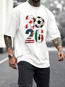 The Graphic Shows The Number 2026 With A Soccer Ball In The Center Surrounded By Flags Representing The Union Of Host Countries And Symbolizing Passion For The Sport, International Celebration, And The Energy Of The Fans. Men's T-Shirt - 白色 - 查看 2