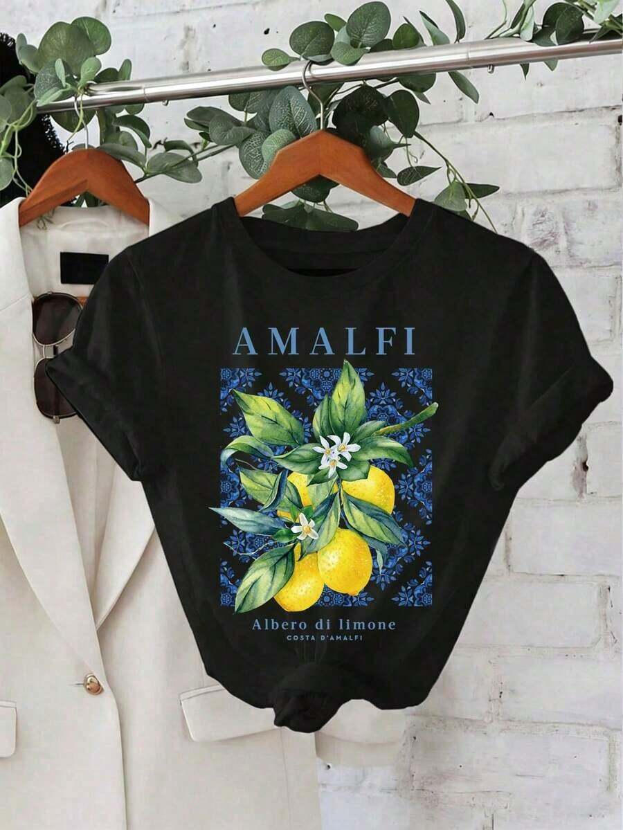 Camisetas manga corta mujer crew neck T-shirt Camiseta de mujer de cuello redondo de manga corta con estampado de limón de porcelana azul y blanca, de estilo casual de verano - Negro - Ver 1