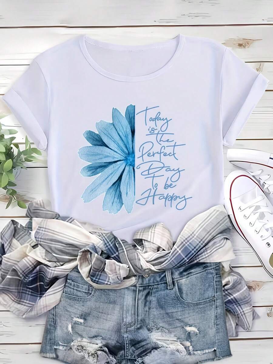 Summer New Arrival White Cotton Round Neck Casual Short Sleeve T-Shirt For Women With Watercolor Blue Daisy Graphic Print Women's Fitted Short-Sleeve Tee With Fun Graphics, Perfect For Everyday & Casual Work Looks - 白色 - 查看 1