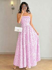 Vestido casual largo con estampado floral de porcelana azul y blanco, con tirantes finos y espalda descubierta que cintura la cintura, elegante para primavera/verano y vacaciones - Púrpura malva - Ver 6