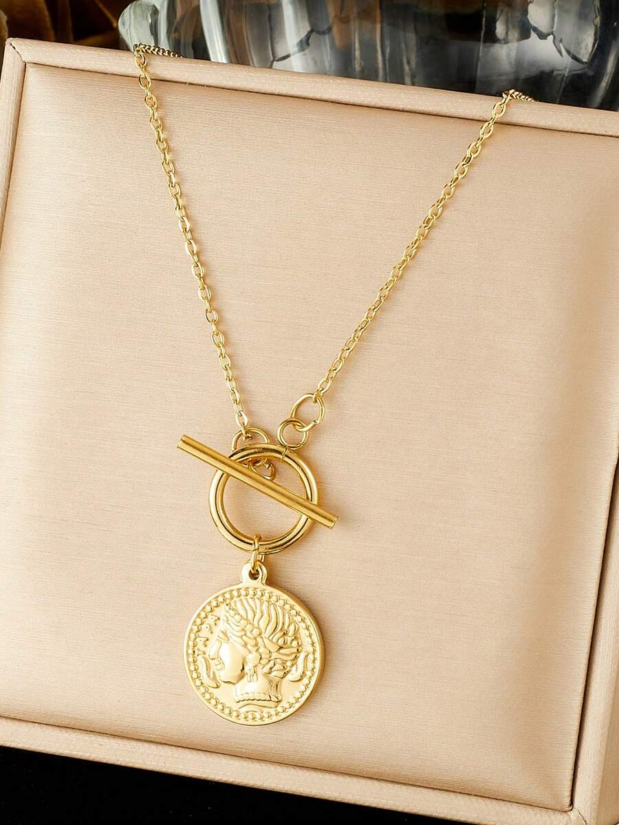 1pc Gold Plated Retro Circular Relief Portrait Pendant Stainless Steel OT Buckle Chain Jewelry Necklace - Gold - View 1