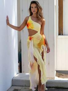 Bonvoyette Set de 2 piezas Traje de baño de una pieza con tirantes finos y estampado floral, con falda asimétrica de malla, sexy y elegante para vacaciones de verano - Amarillo - Ver 6