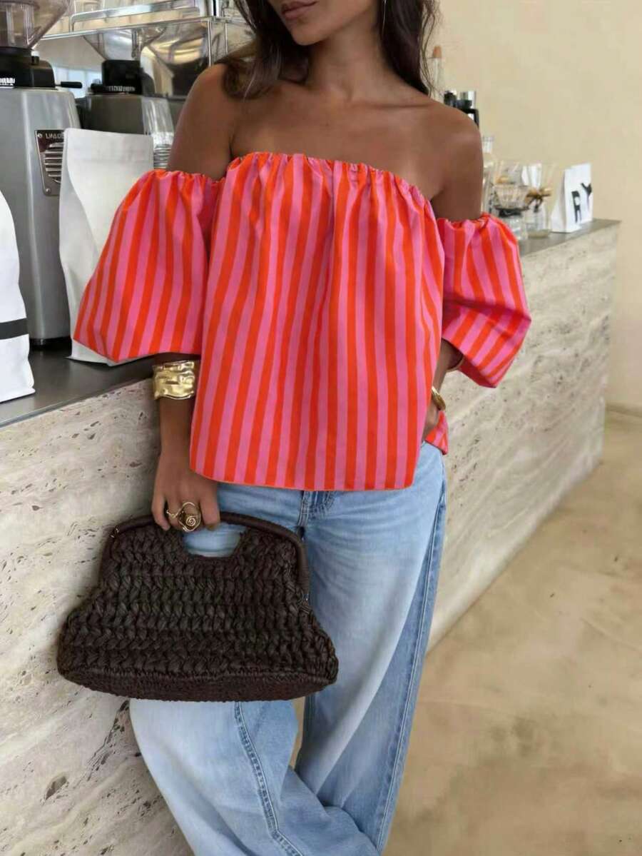 Women's Striped Contrast Color Woven Fabric Ruffle Off-Shoulder Blouse, Suitable For Beach And Daily Wear, Spring/Summer Red - Red - View 1