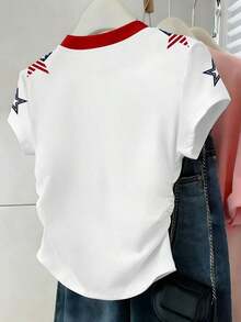 Camiseta ajustada de mujer con estampado de letras, silueta estilizante, estilo casual/al aire libre, nueva llegada de verano, color rojo - Multicolor 3 - Ver 2