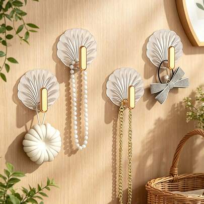 1pc/2pcs/3pcs/4pcs/5pcs/8pcs/10pcs/20pcs Light Luxury Shell Gold-Plated Hook, No Need To Drill Holes To Install Kitchen And Bathroom Waterproof Hooks, High Load-Bearing Multifunctional Adhesive Hook