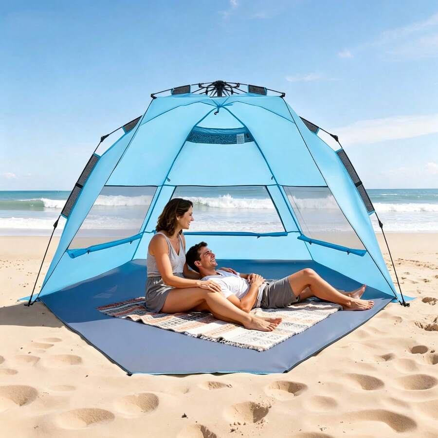 Beach Tent Sun Shelter For 4 Person, Pop Up Beach Tent UPF 50+ Protection, Portable Sun Shade Canopy With Carrying Bag And Sand Pockets, Easy Setup Umbrella For Camping Fishing Outdoor Picnic - for 4 Person, Pop Up - 查看 1